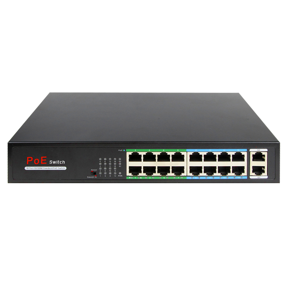16 PoE switch van Megaspullen.nl met 16 poorten voor netwerkapparaten, zwart, compacte netwerkswitch met Power over Ethernet.