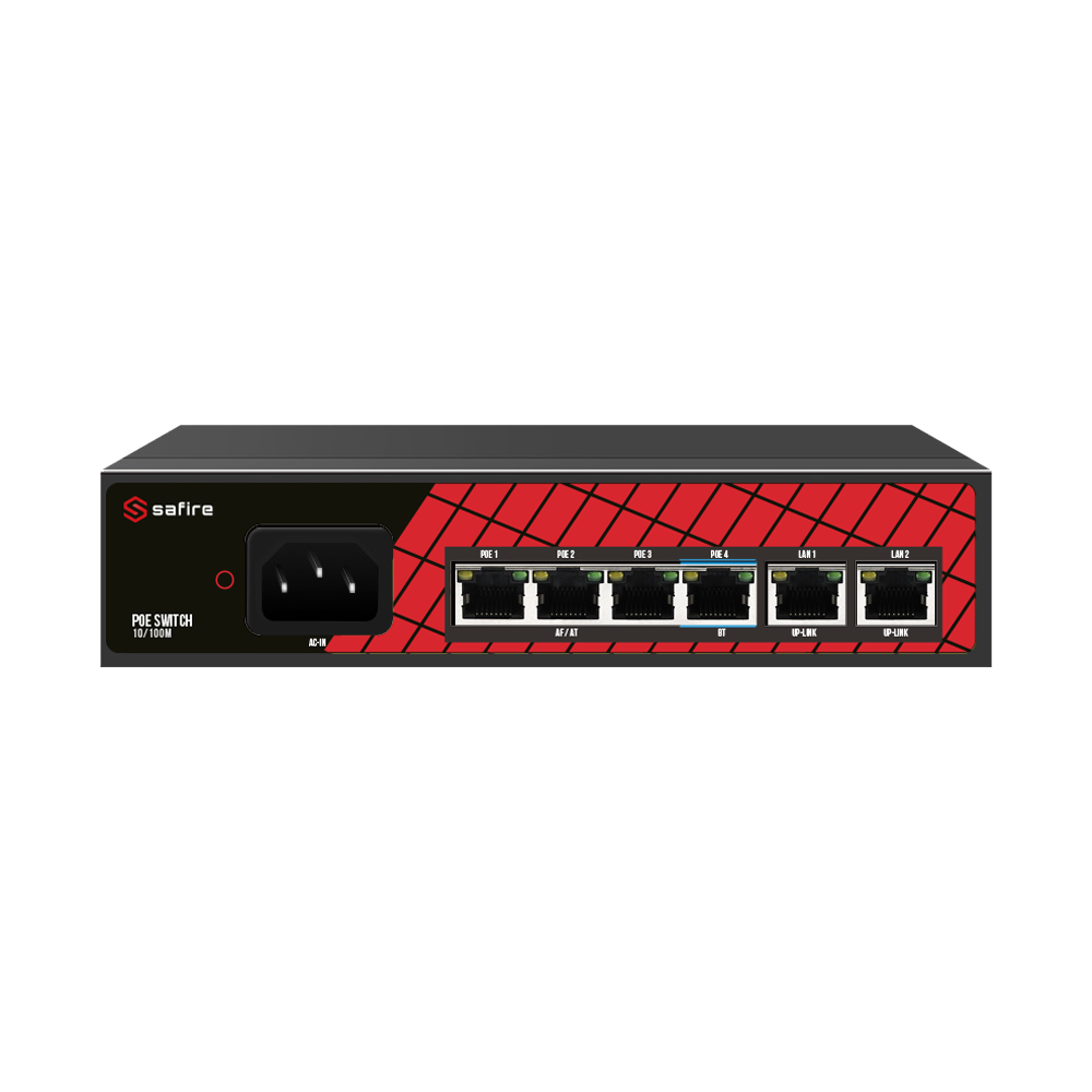 Netwerk switch met 4 PoE-poorten en 2 uplink RJ45-poorten, compact en geschikt voor zakelijke netwerken.