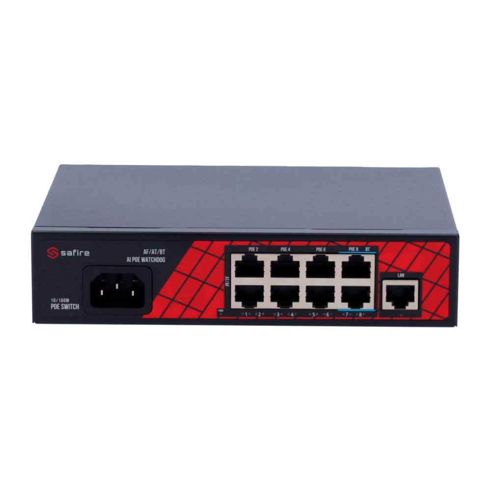 Netwerk switch met 8 PoE-poorten en 1 Uplink RJ45, zwart, compacte behuizing voor zakelijke netwerken