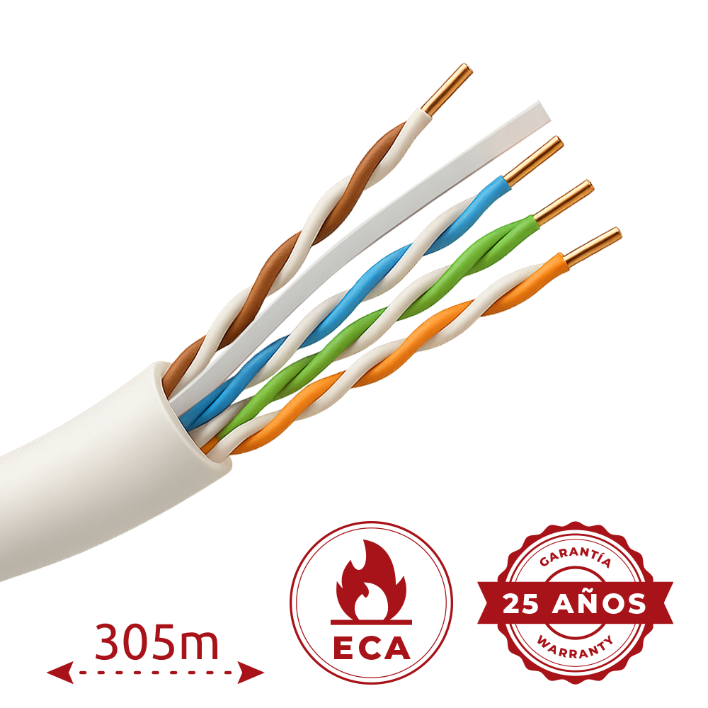Kabeldoos Cat6 UTP 305m van Megaspullen.nl met gedetailleerde close-up van de kabel en aansluitingen.