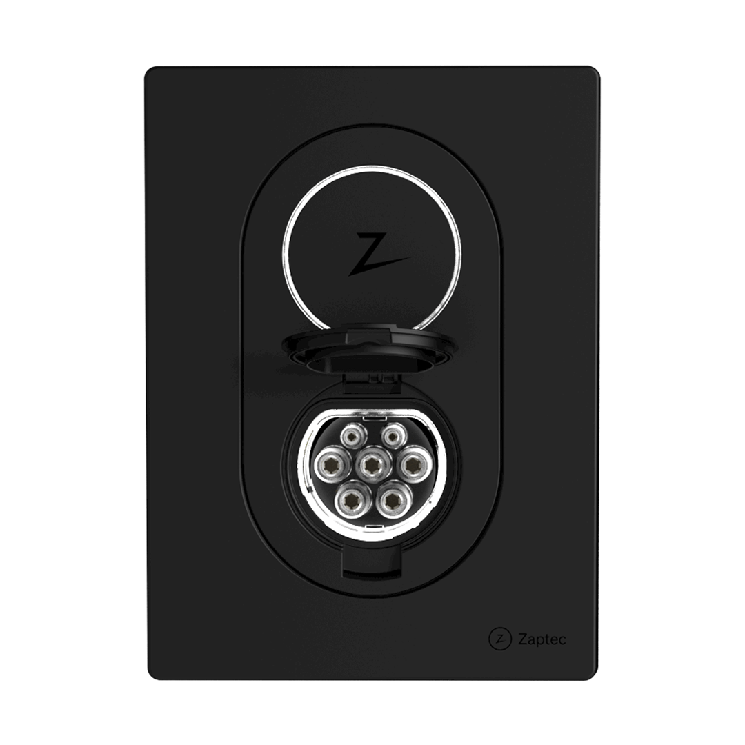 Zaptec Go laadpaal met socket, zwart, tot 22 kW, 4G en WiFi, automatische load balancing voor thuisgebruik.