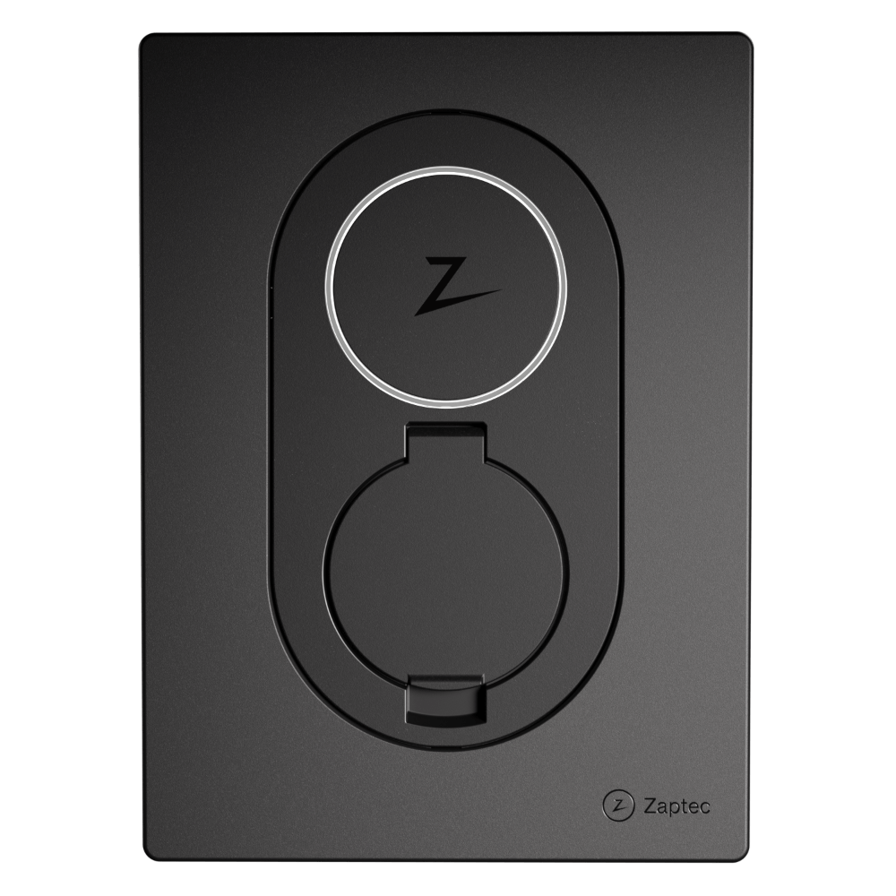 Zwart Zaptec Go laadpaal met socket, 22 kW, 4G en WiFi, automatische load balancing voor elektrische voertuigen