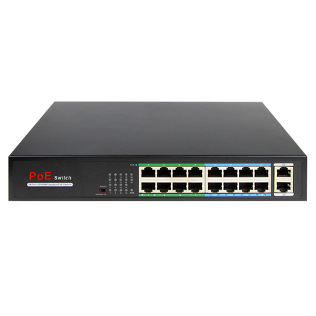 16 PoE switch van Megaspullen.nl met 16 poorten voor netwerkapparaten, zwart, compacte netwerkswitch met Power over Ethernet.