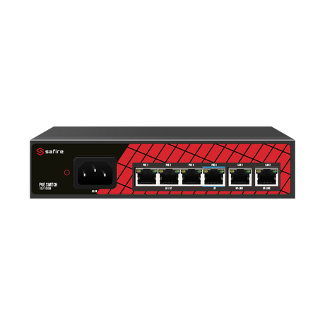Netwerk switch met 4 PoE-poorten en 2 uplink RJ45-poorten, compact en geschikt voor zakelijke netwerken.