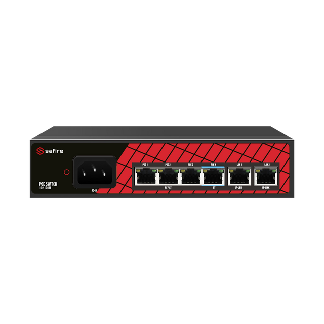 Netwerk switch met 4 PoE-poorten en 2 uplink RJ45-poorten, compact en geschikt voor zakelijke netwerken.