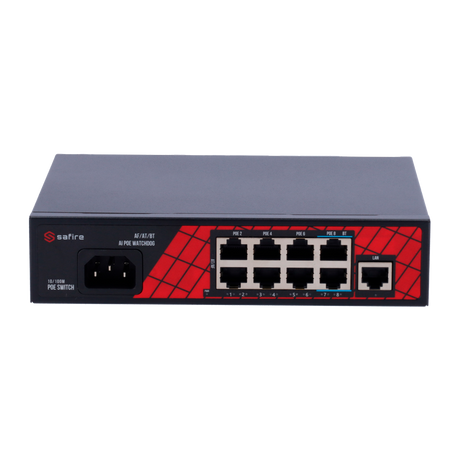 Netwerk switch met 8 PoE-poorten en 1 Uplink RJ45, zwart, compacte behuizing voor zakelijke netwerken