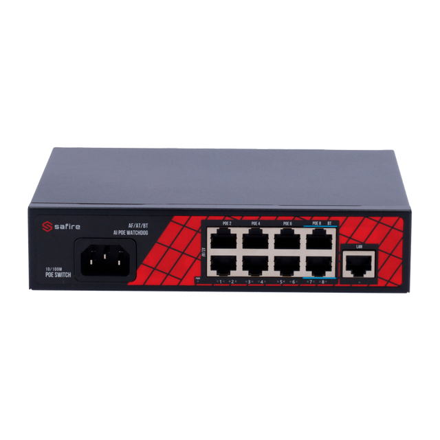 Netwerk switch met 8 PoE-poorten en 1 Uplink RJ45, zwart, compacte behuizing voor zakelijke netwerken