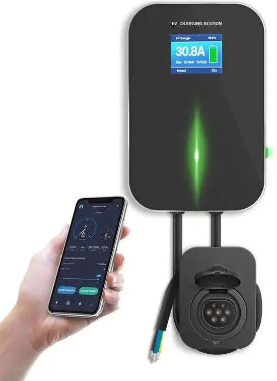 Autolader type 2 met 3,7KW vermogen en socket, zwart design voor elektrische voertuigen, van Megaspullen.nl