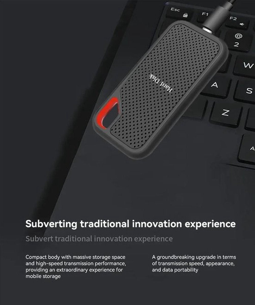 Draagbare externe SSD van Megaspullen.nl met 2TB, 4TB of 6TB opslag, zichtbaar op de afbeelding.