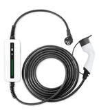 Witte thuislader met LCD-scherm en Type 2 connector, 3,7 kW, geschikt voor thuisgebruik, zichtbaar met Schuko-aansluiting.