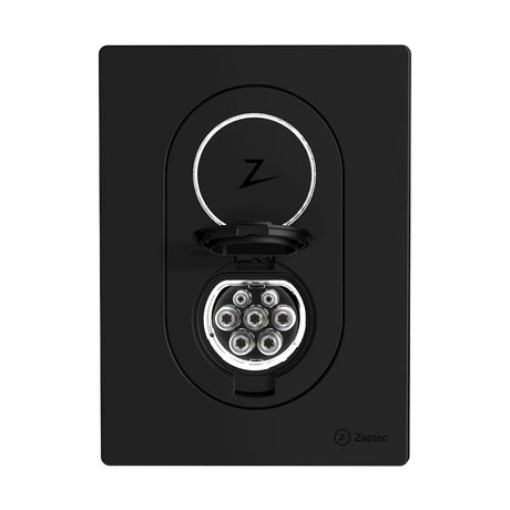 Zaptec Go laadpaal met socket, zwart, tot 22 kW, 4G en WiFi, automatische load balancing voor thuisgebruik.