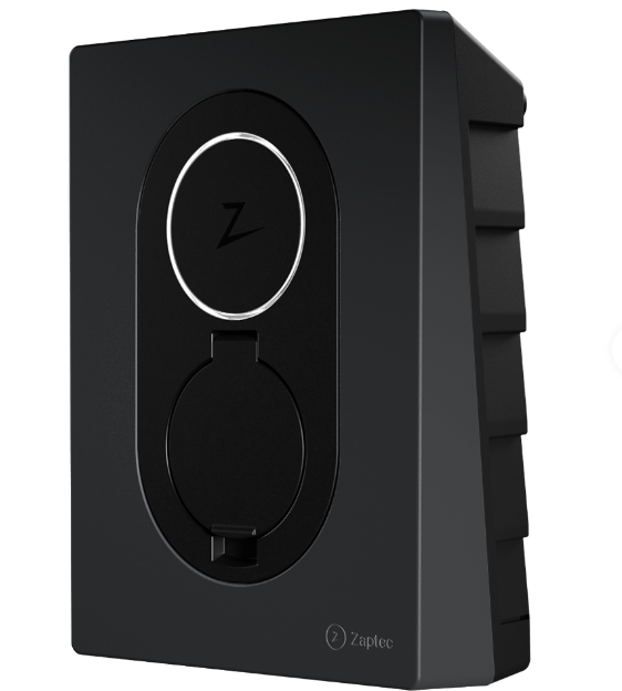 Zaptec Go autolader met laadpaal en socket, tot 22 kW, 4G en Wifi, inclusief load balancing, zichtbaar in schermafbeelding.